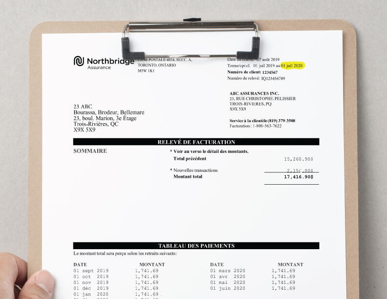 Image indiquant où trouver la date d’expiration de votre police (« Terme/cpt cl.» ou « Date d’effet »)
